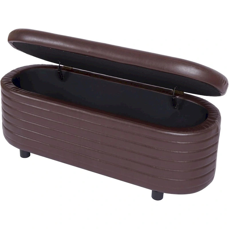 PU Leather Storage Ottoman Bench with Channel Tufting - Brown