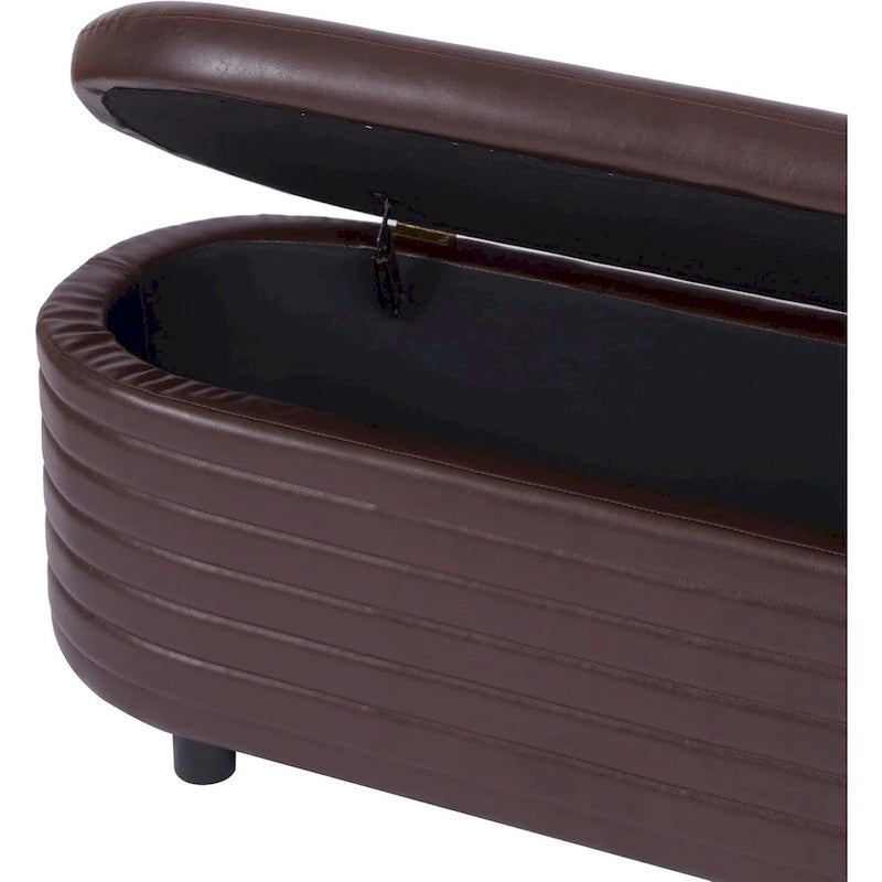 PU Leather Storage Ottoman Bench with Channel Tufting - Brown