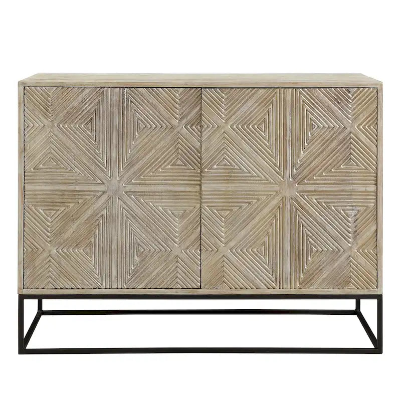 42-inch Hand-Carved Mango Wood Sideboard with Iron Base and Built-In Shelves