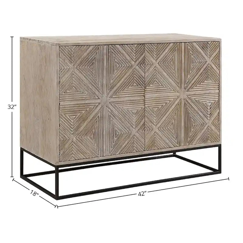 42-inch Hand-Carved Mango Wood Sideboard with Iron Base and Built-In Shelves