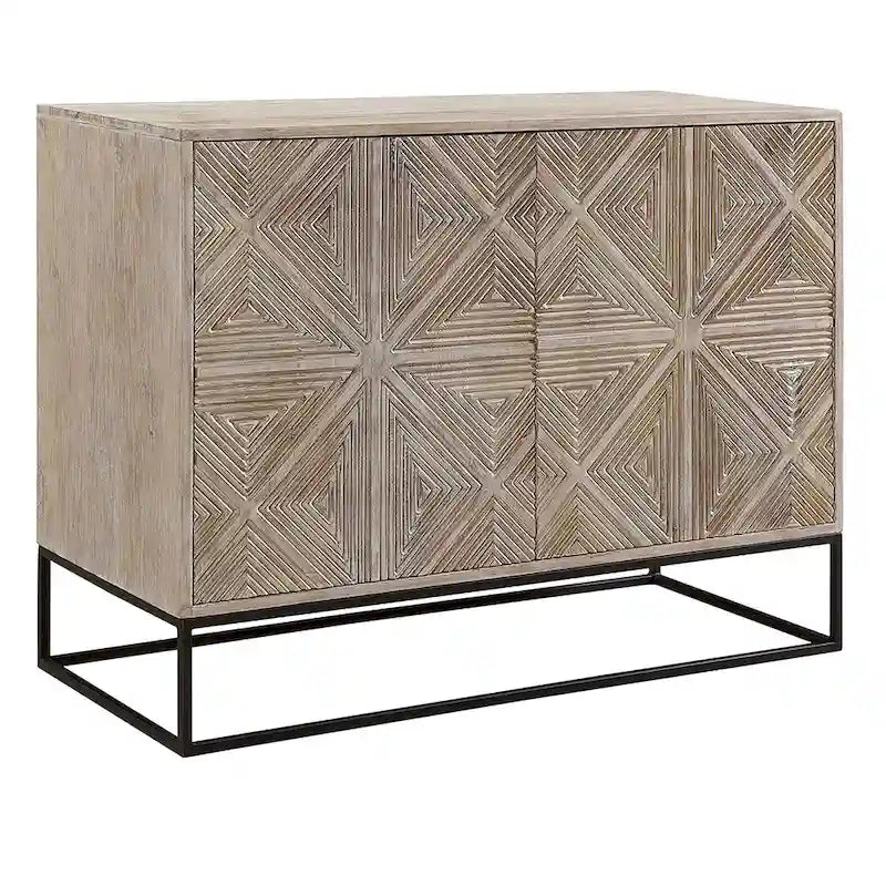 42-inch Hand-Carved Mango Wood Sideboard with Iron Base and Built-In Shelves