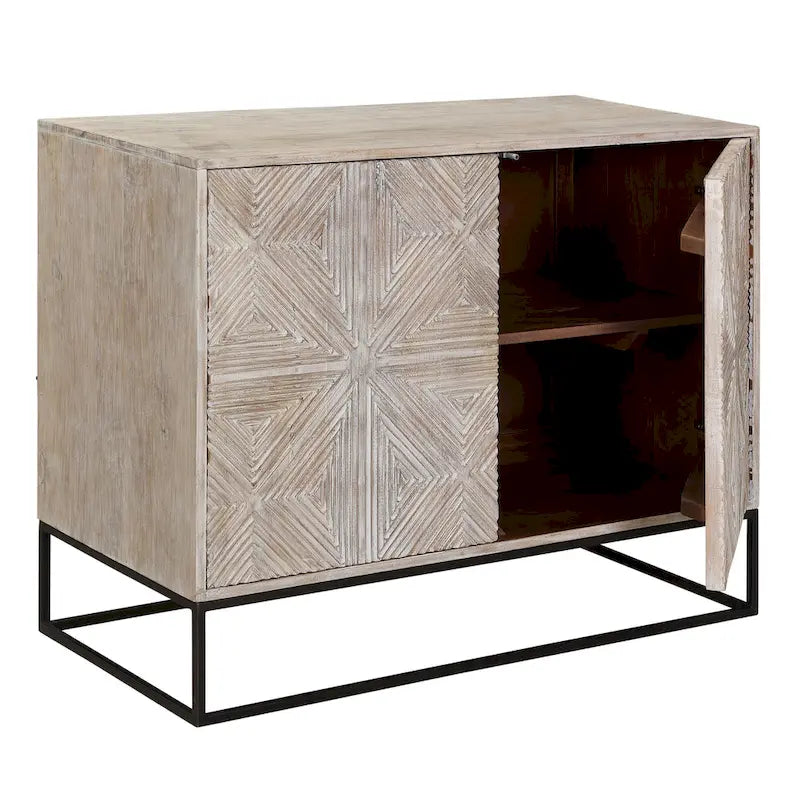 42-inch Hand-Carved Mango Wood Sideboard with Iron Base and Built-In Shelves