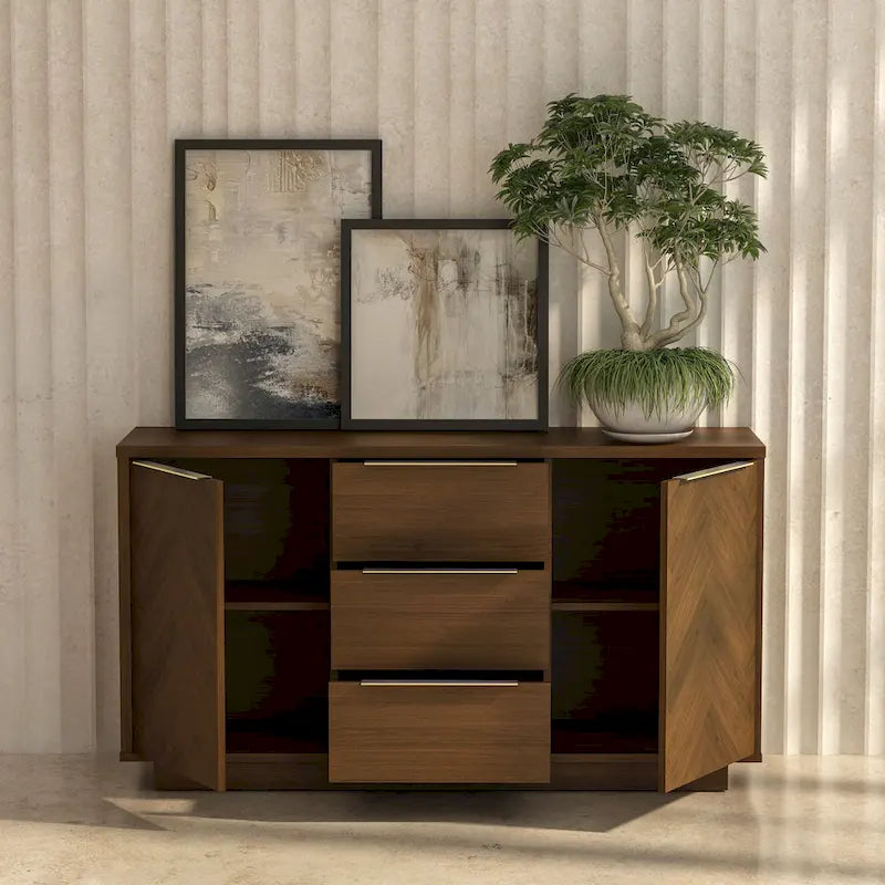 Herringbone Sideboard Buffet Credenza with Soft-Close Doors and Gold Handles