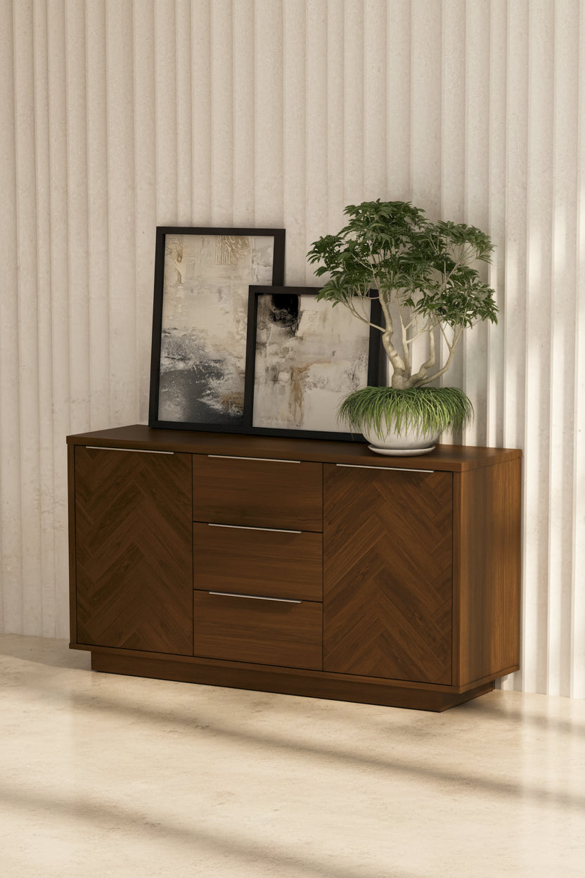Herringbone Sideboard Buffet Credenza with Soft-Close Doors and Gold Handles
