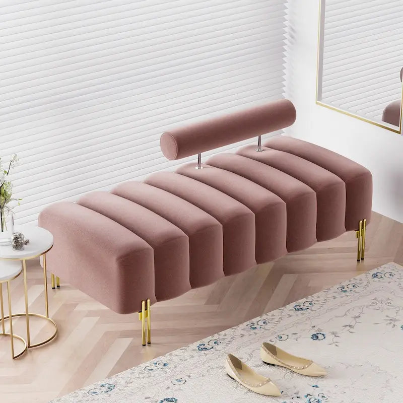 52-inch Channel Tufted Window Bench with Adjustable Backrest and Gold Metal Legs