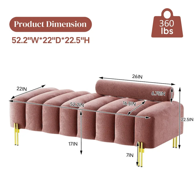 52-inch Channel Tufted Window Bench with Adjustable Backrest and Gold Metal Legs