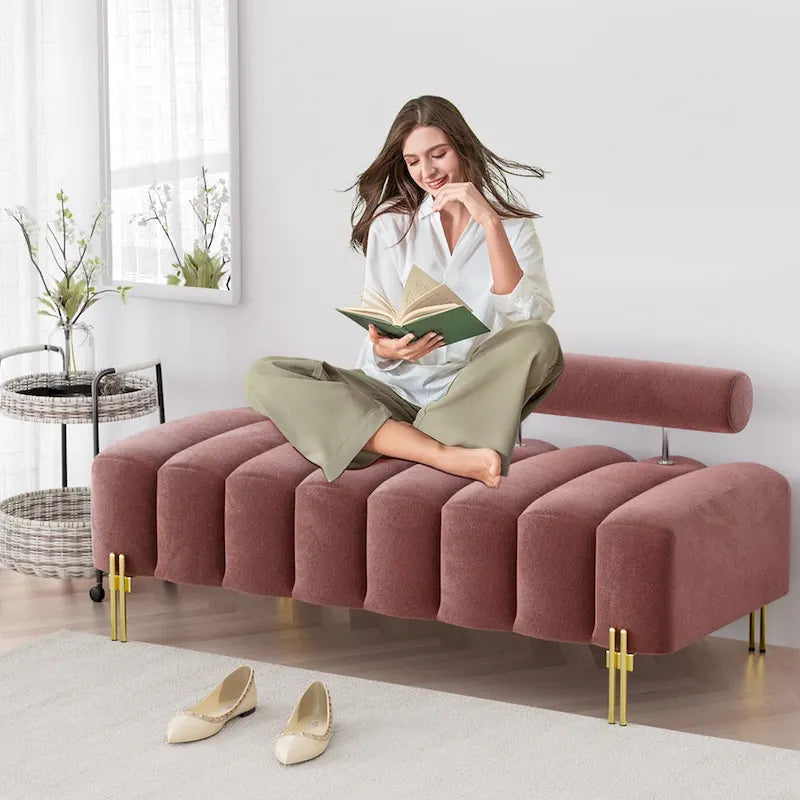 52-inch Channel Tufted Window Bench with Adjustable Backrest and Gold Metal Legs
