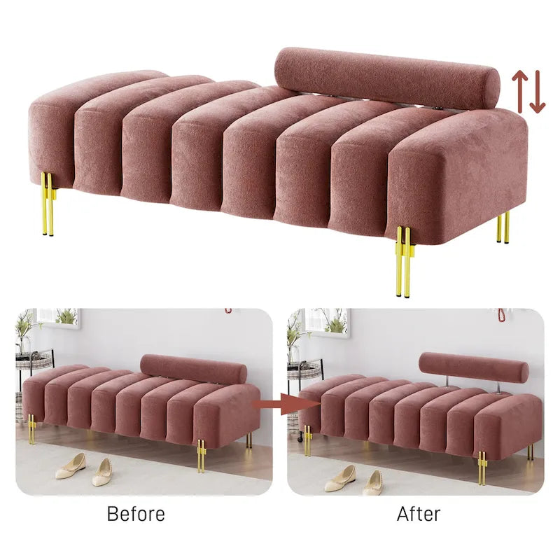 52-inch Channel Tufted Window Bench with Adjustable Backrest and Gold Metal Legs