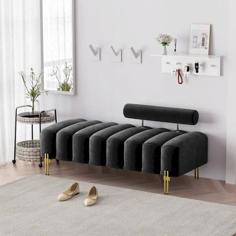 52-inch Channel Tufted Window Bench with Adjustable Backrest and Gold Metal Legs
