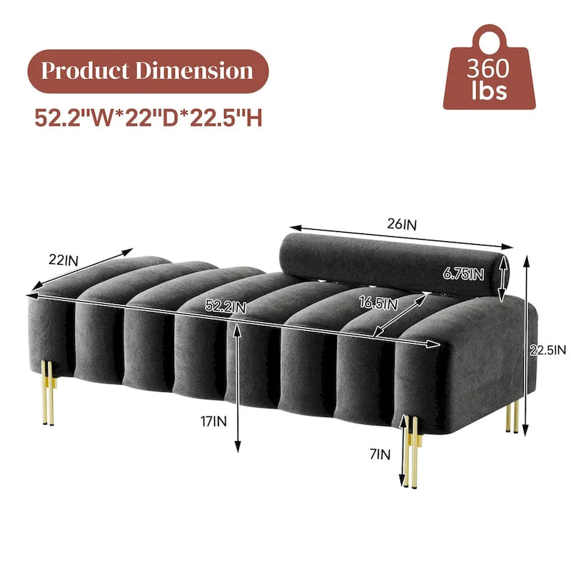 52-inch Channel Tufted Window Bench with Adjustable Backrest and Gold Metal Legs