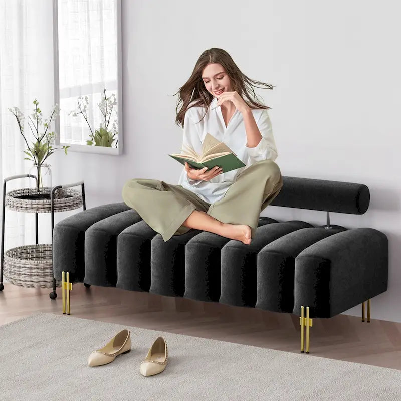 52-inch Channel Tufted Window Bench with Adjustable Backrest and Gold Metal Legs