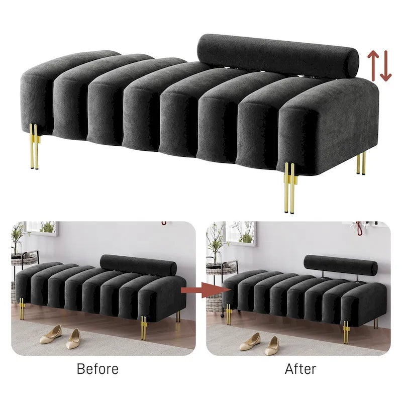 52-inch Channel Tufted Window Bench with Adjustable Backrest and Gold Metal Legs
