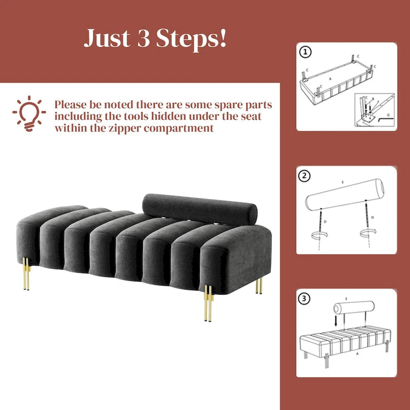 52-inch Channel Tufted Window Bench with Adjustable Backrest and Gold Metal Legs