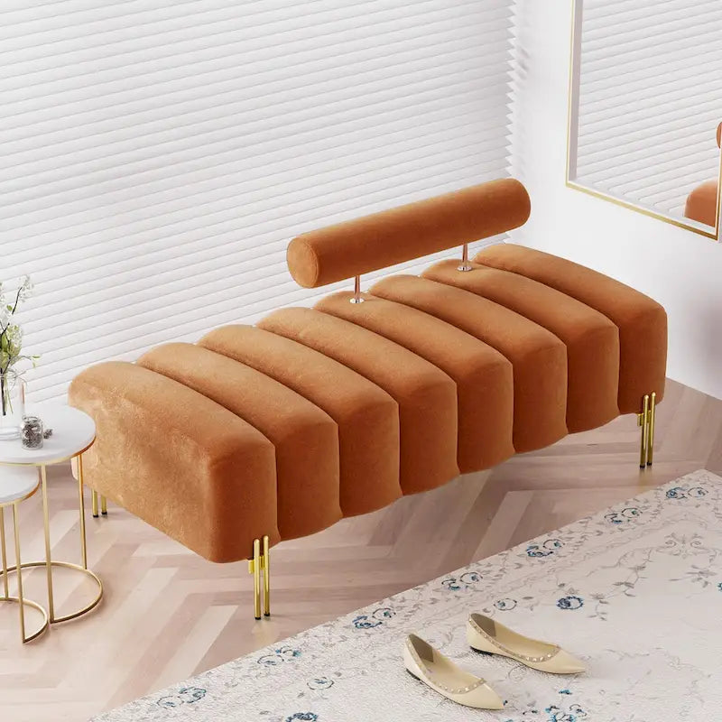 52-inch Channel Tufted Window Bench with Adjustable Backrest and Gold Metal Legs