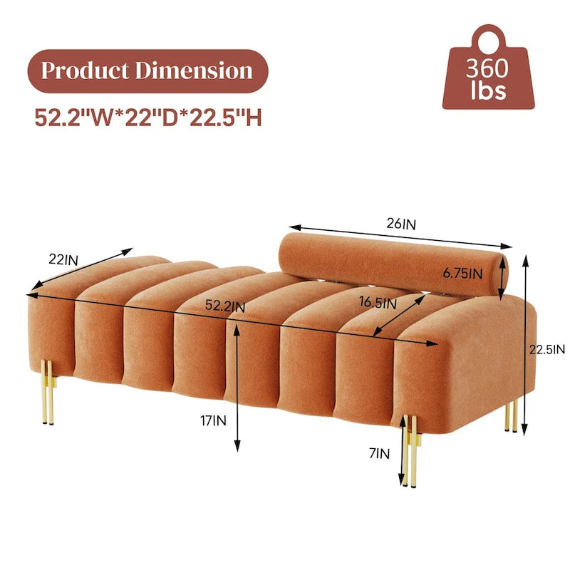 52-inch Channel Tufted Window Bench with Adjustable Backrest and Gold Metal Legs