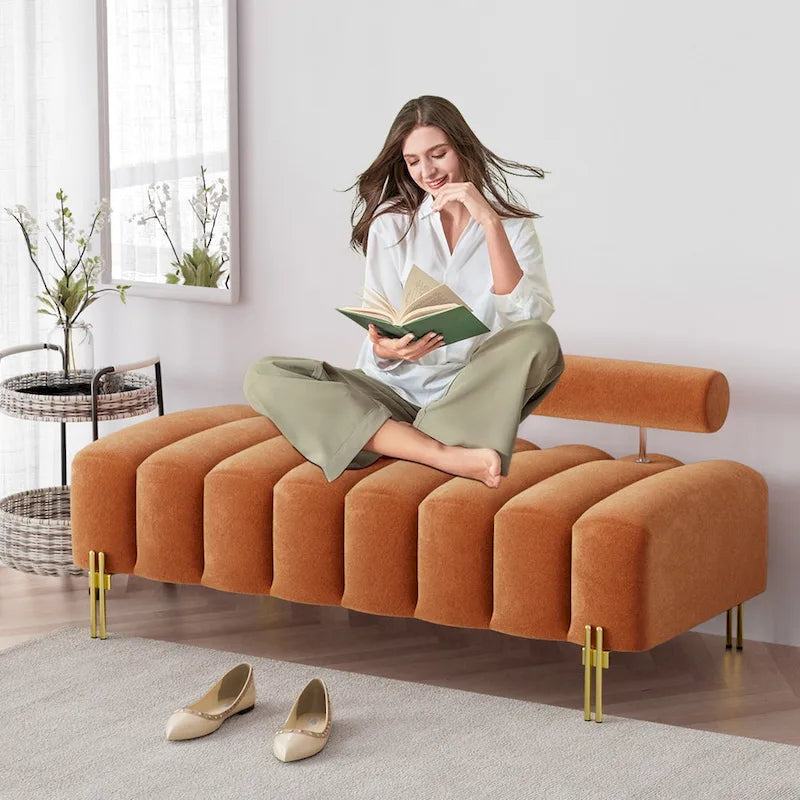52-inch Channel Tufted Window Bench with Adjustable Backrest and Gold Metal Legs