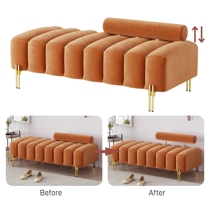 52-inch Channel Tufted Window Bench with Adjustable Backrest and Gold Metal Legs