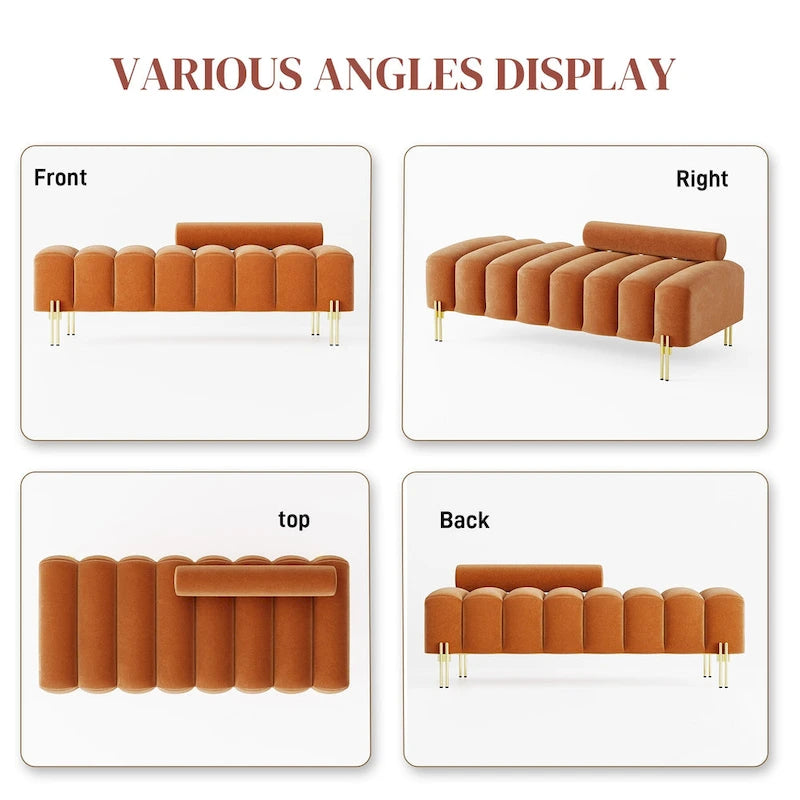 52-inch Channel Tufted Window Bench with Adjustable Backrest and Gold Metal Legs