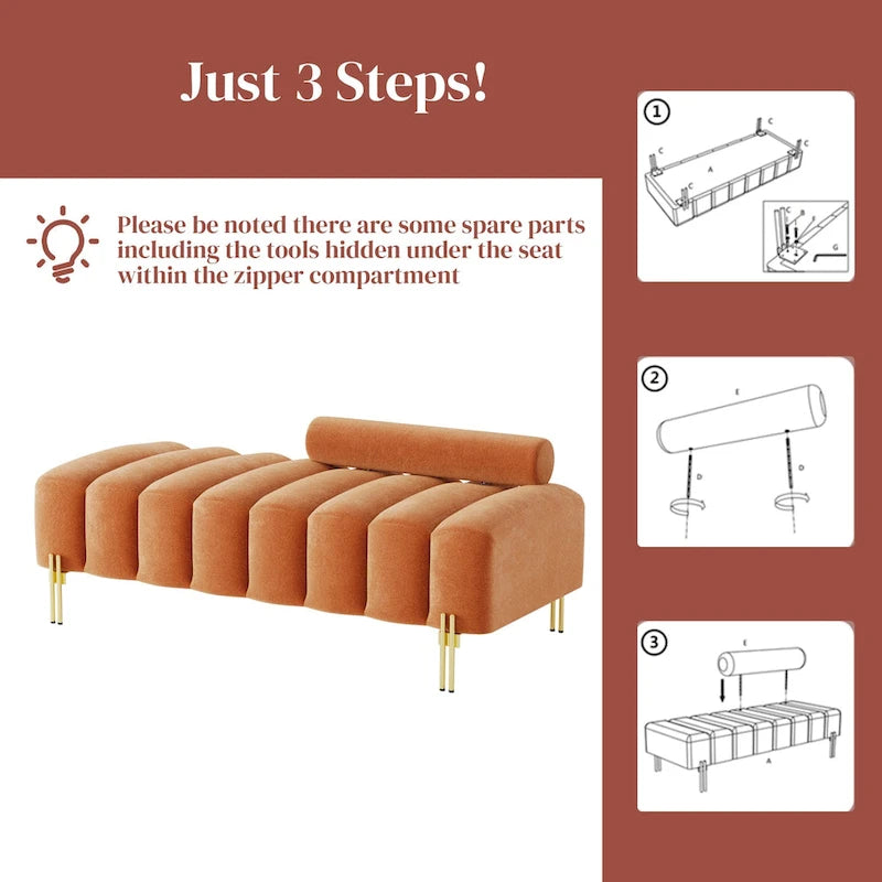 52-inch Channel Tufted Window Bench with Adjustable Backrest and Gold Metal Legs