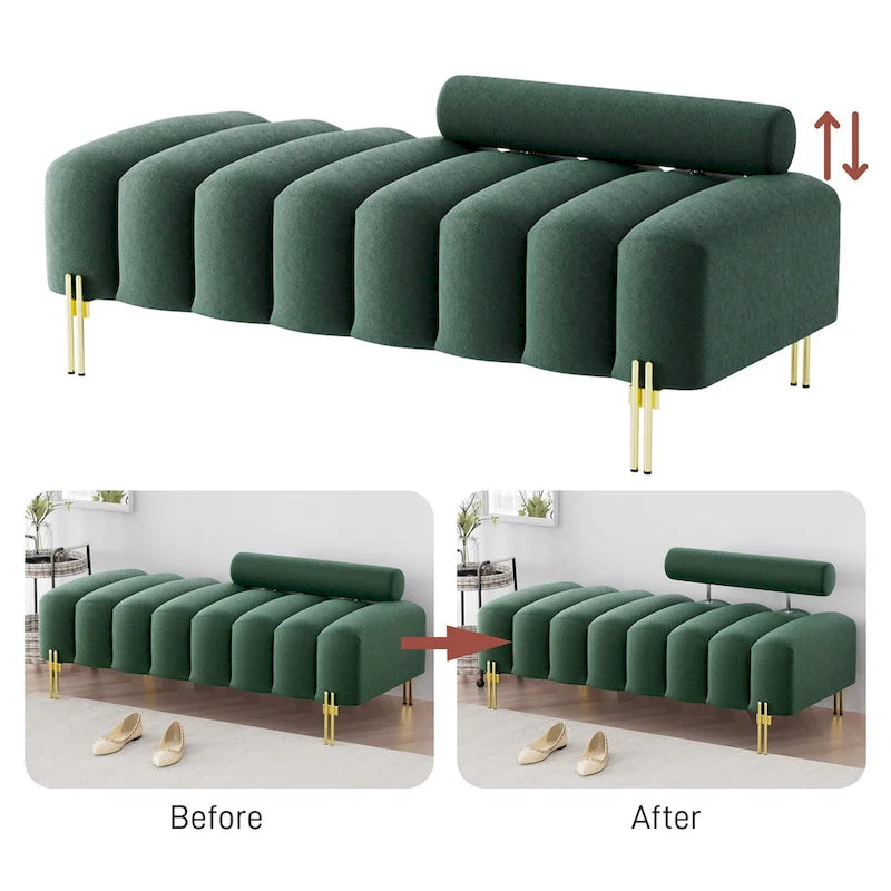 52-inch Channel Tufted Window Bench with Adjustable Backrest and Gold Metal Legs