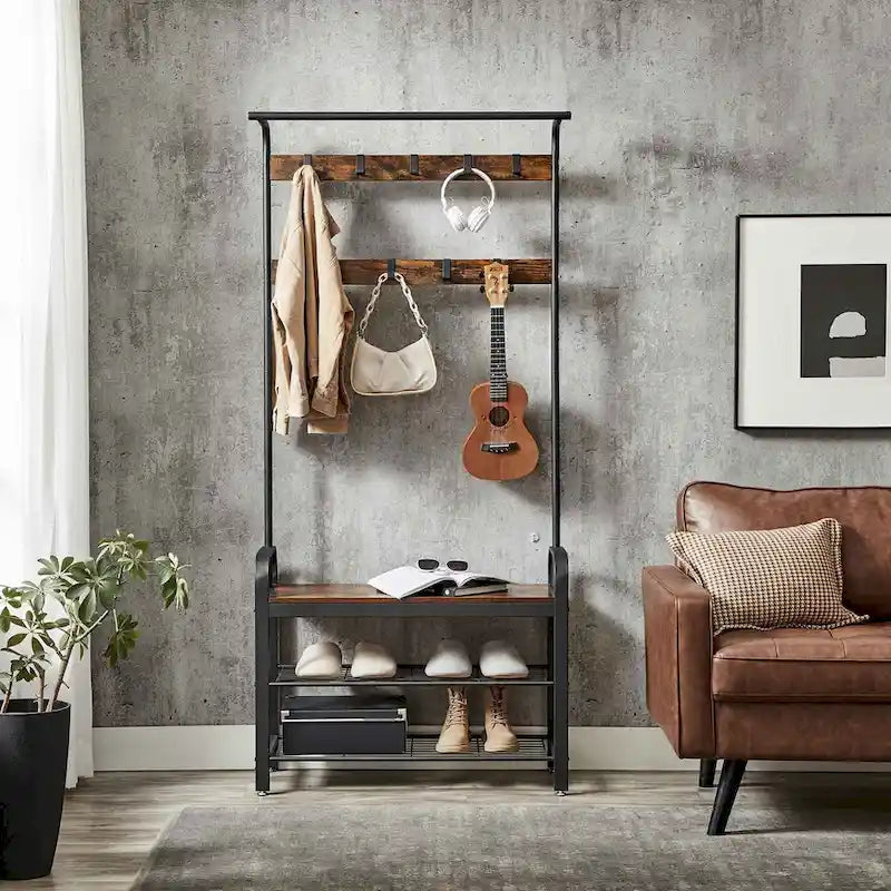 3-in-1 Entryway Hall Tree with Coat Rack, Shoe Bench and Storage Shelves