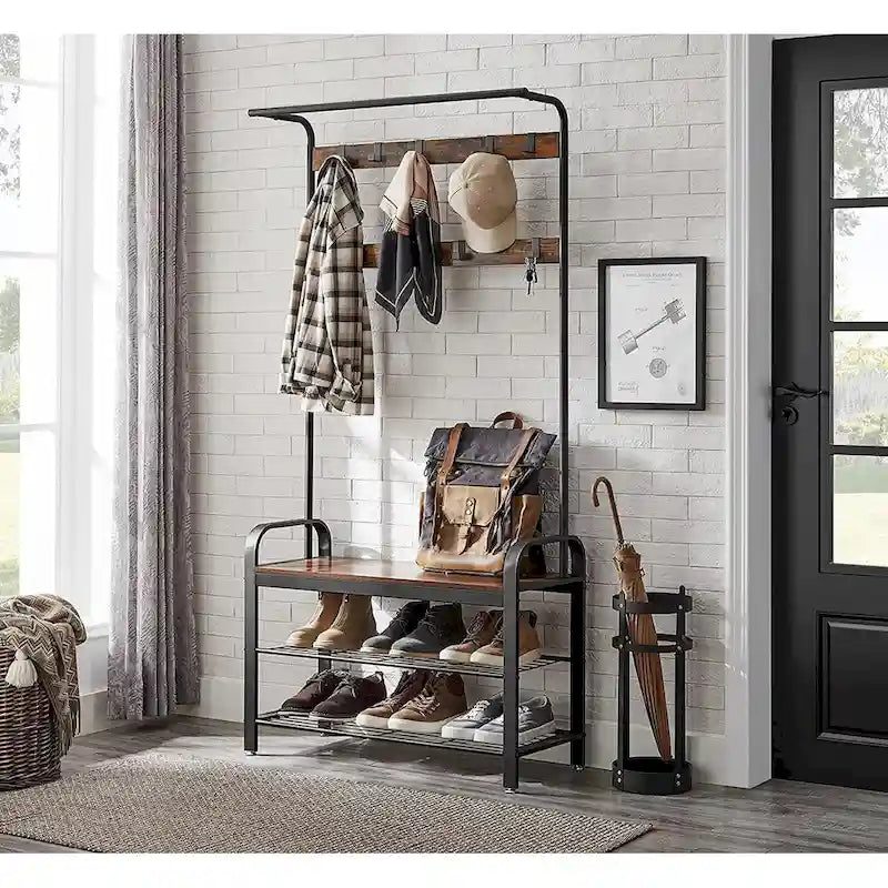 3-in-1 Entryway Hall Tree with Coat Rack, Shoe Bench and Storage Shelves