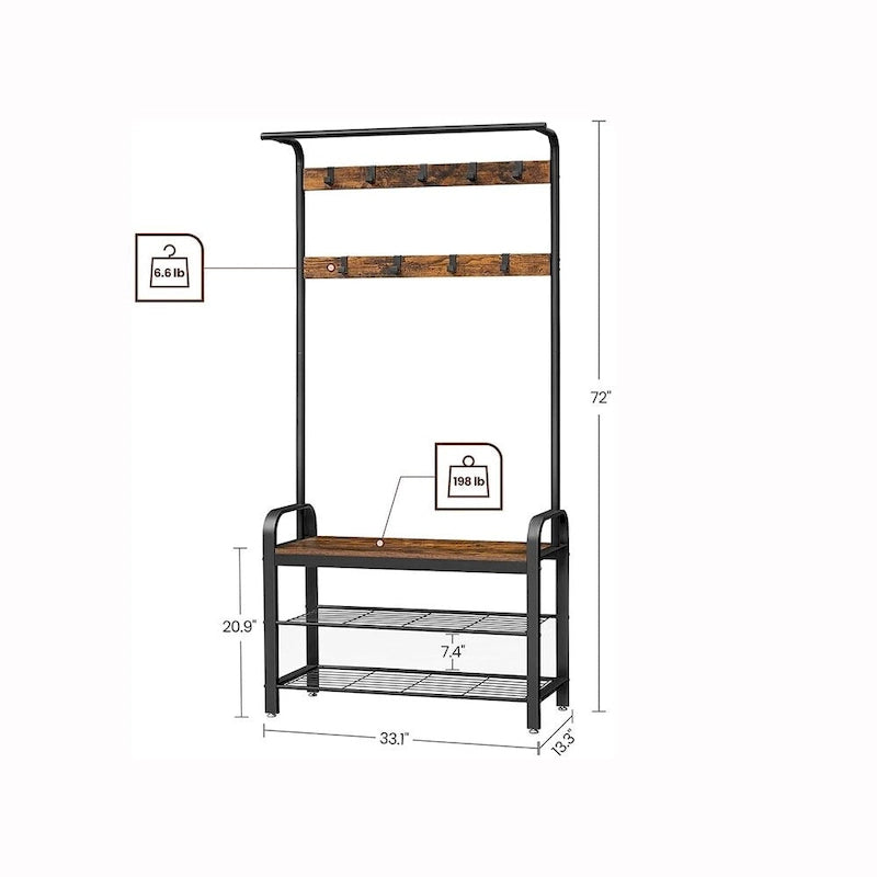 3-in-1 Entryway Hall Tree with Coat Rack, Shoe Bench and Storage Shelves