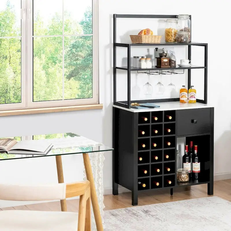 Freistehendes Küchenregal mit Weinregal, Glashalter und drei Ablageflächen