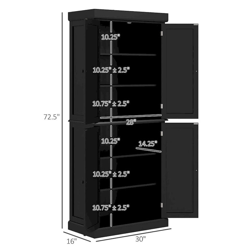 72.5-inch Tall Kitchen Pantry Cabinet with 4 Doors and Adjustable Shelves