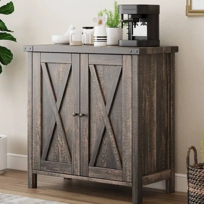 Farmhouse Wood Grain Buffet Cabinet with Adjustable Shelves and Metal Handles