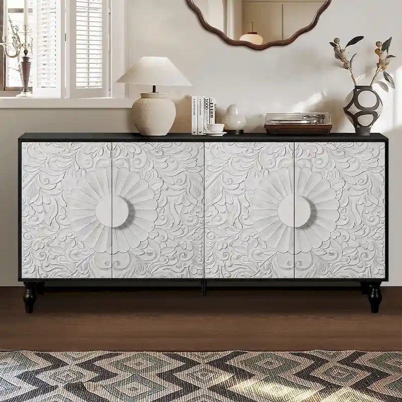 63-inch Modern Sideboard with 4 Carved Doors and Adjustable Shelves