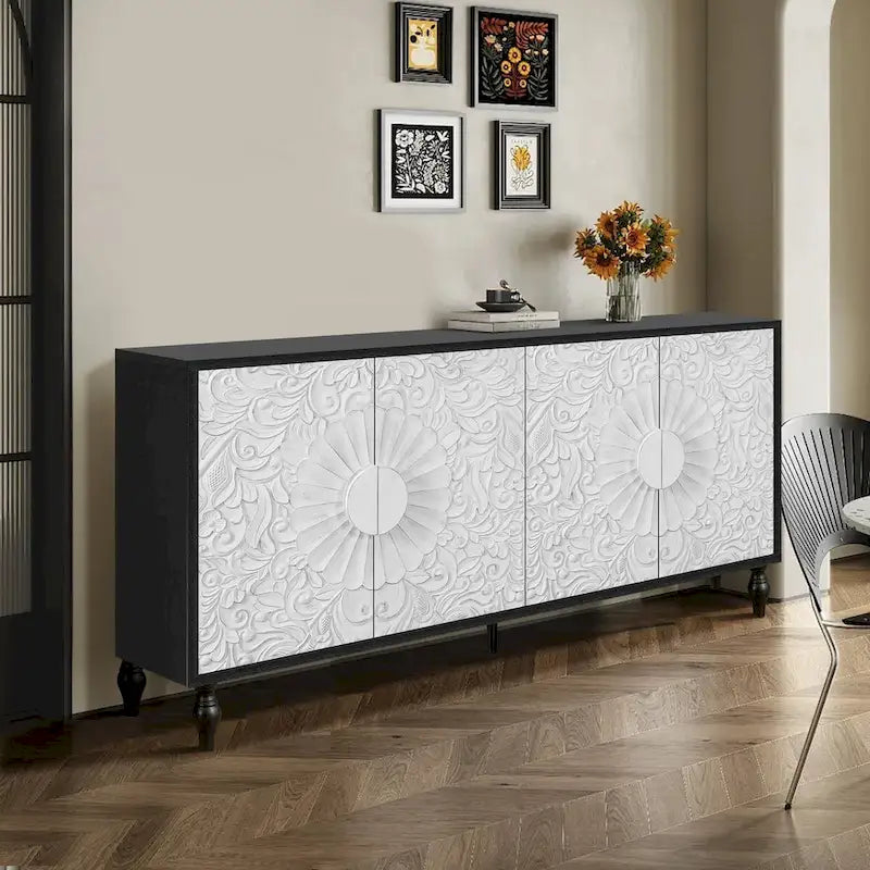 63-inch Modern Sideboard with 4 Carved Doors and Adjustable Shelves