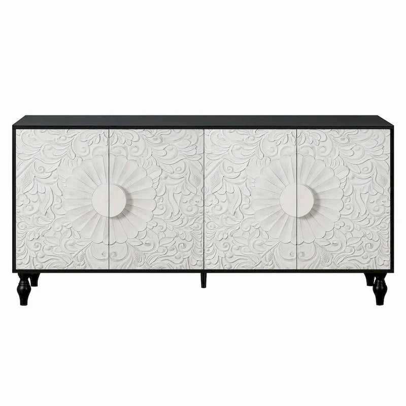63-inch Modern Sideboard with 4 Carved Doors and Adjustable Shelves