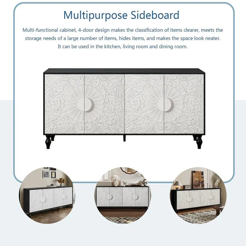 63-inch Modern Sideboard with 4 Carved Doors and Adjustable Shelves