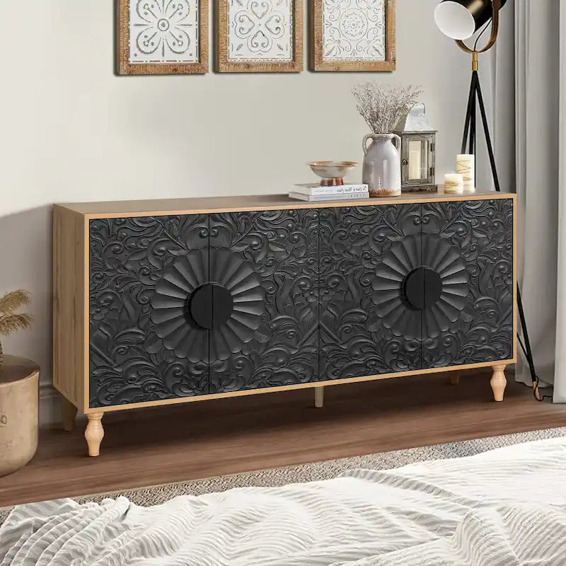 63-inch Modern Sideboard with 4 Carved Doors and Adjustable Shelves