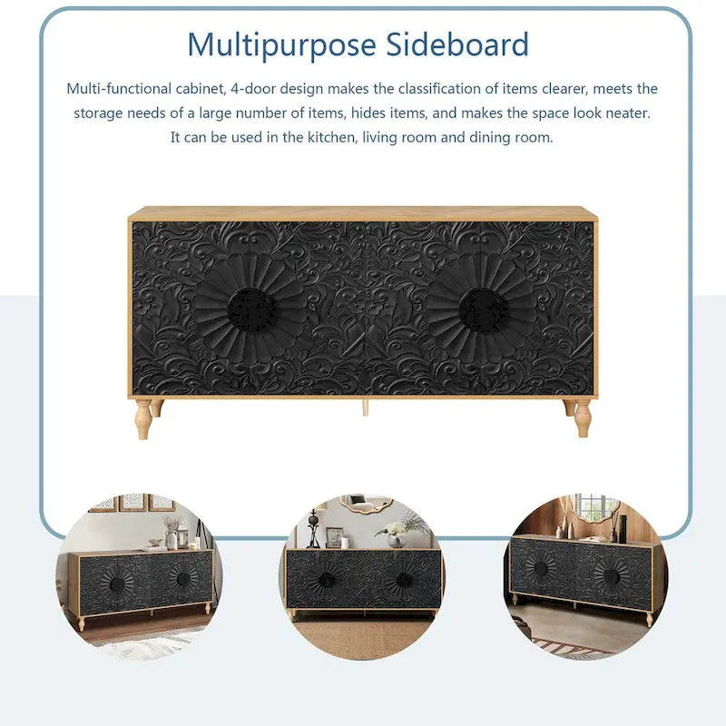 63-inch Modern Sideboard with 4 Carved Doors and Adjustable Shelves