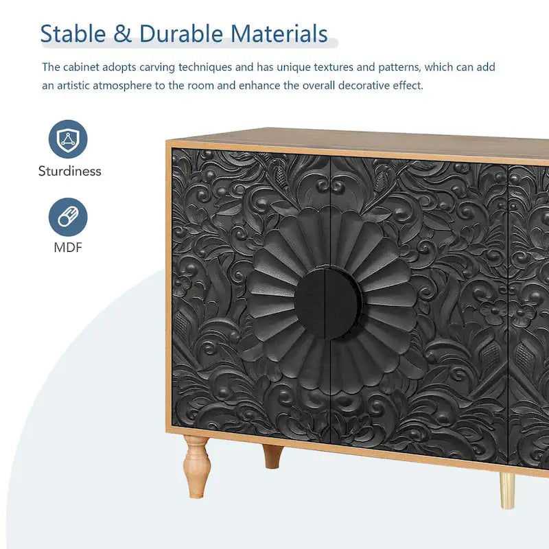 63-inch Modern Sideboard with 4 Carved Doors and Adjustable Shelves