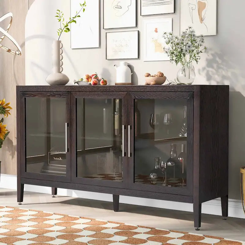 Wood Storage Cabinet with 3 tempered Glass Doors and Adjustable Shelf