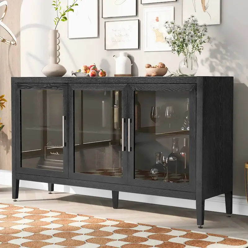 Wood Storage Cabinet with 3 tempered Glass Doors and Adjustable Shelf