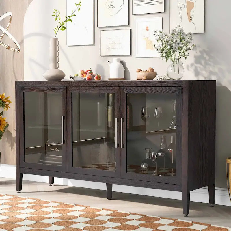Wood Storage Cabinet with 3 tempered Glass Doors and Adjustable Shelf