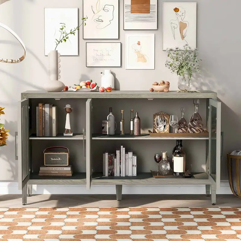 Wood Storage Cabinet with 3 tempered Glass Doors and Adjustable Shelf