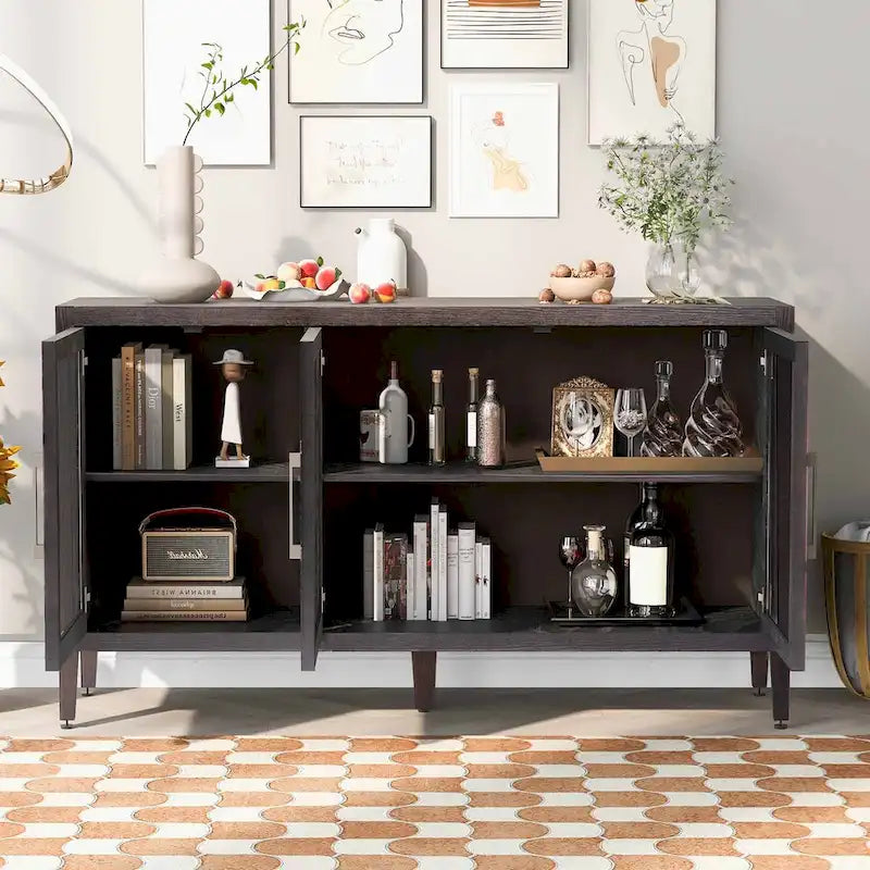 Wood Storage Cabinet with 3 tempered Glass Doors and Adjustable Shelf