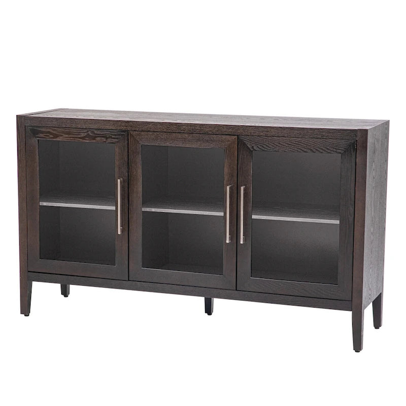Wood Storage Cabinet with 3 tempered Glass Doors and Adjustable Shelf