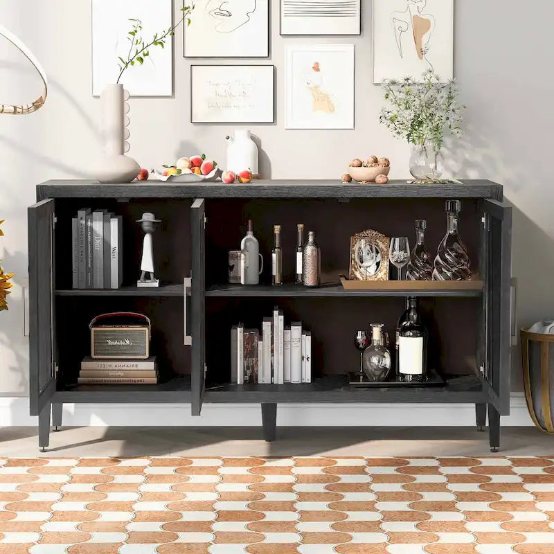 Wood Storage Cabinet with 3 tempered Glass Doors and Adjustable Shelf