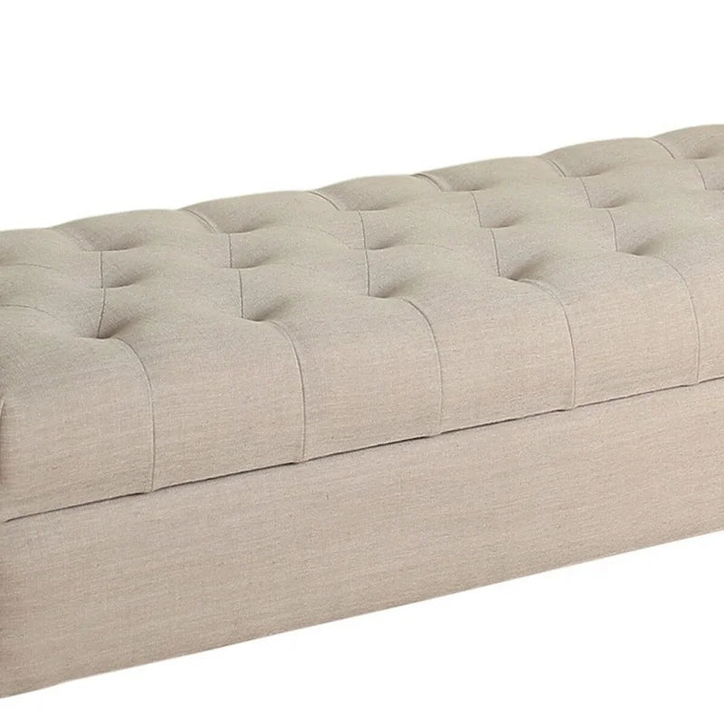 Button Tufted Lift-Top Storage Bench with Curved Armrests - Beige Fabric