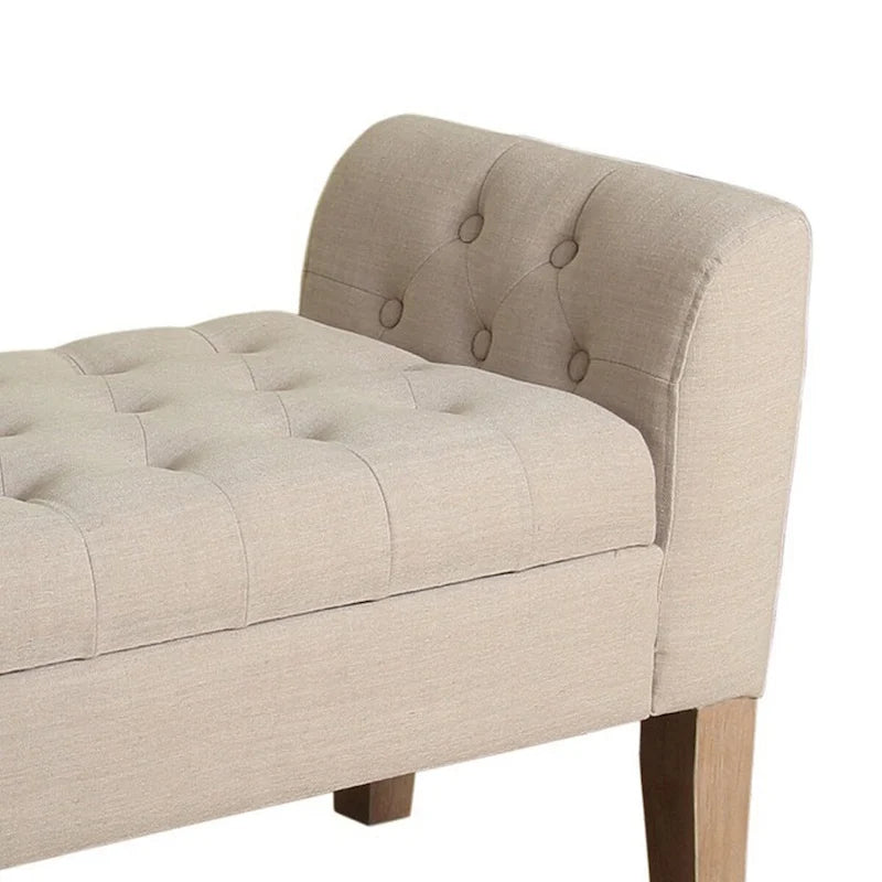 Button Tufted Lift-Top Storage Bench with Curved Armrests - Beige Fabric