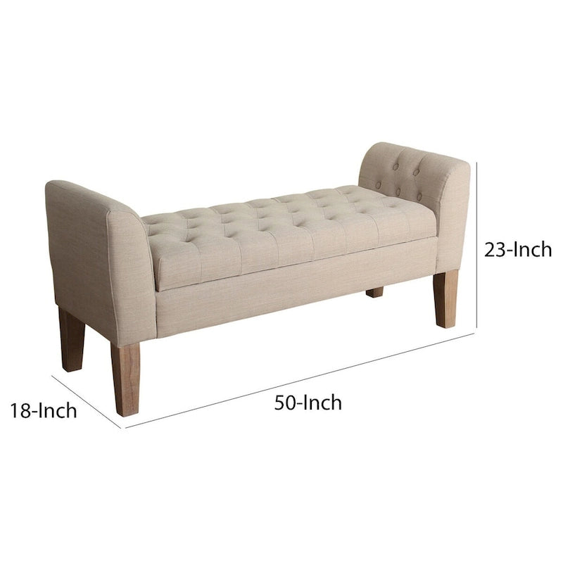 Button Tufted Lift-Top Storage Bench with Curved Armrests - Beige Fabric
