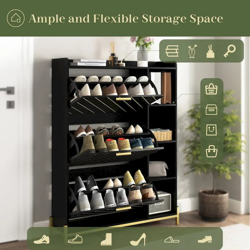 Slim Flip-Door Shoe Cabinet with 3 Drawers and Open Shelves