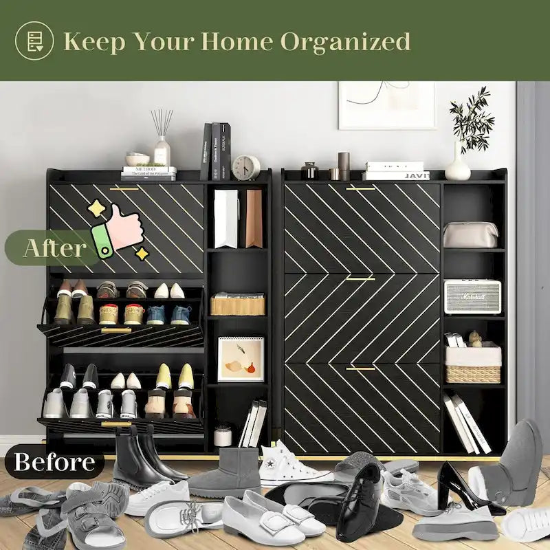 Slim Flip-Door Shoe Cabinet with 3 Drawers and Open Shelves