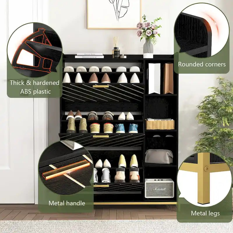 Slim Flip-Door Shoe Cabinet with 3 Drawers and Open Shelves